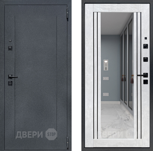 Входная металлическая Дверь Престиж Лофт с зеркалом Бетон снежный в Раменском
