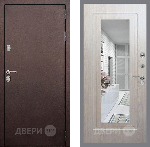 Входная металлическая Дверь Стоп КЛАССИК Медь Зеркало ФЛ-120 Беленый дуб в Раменском